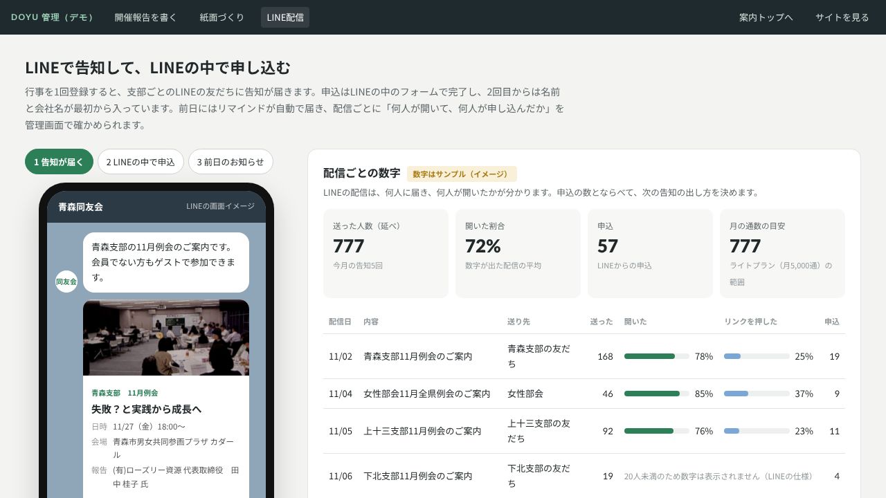 LINE配信と申込の画面